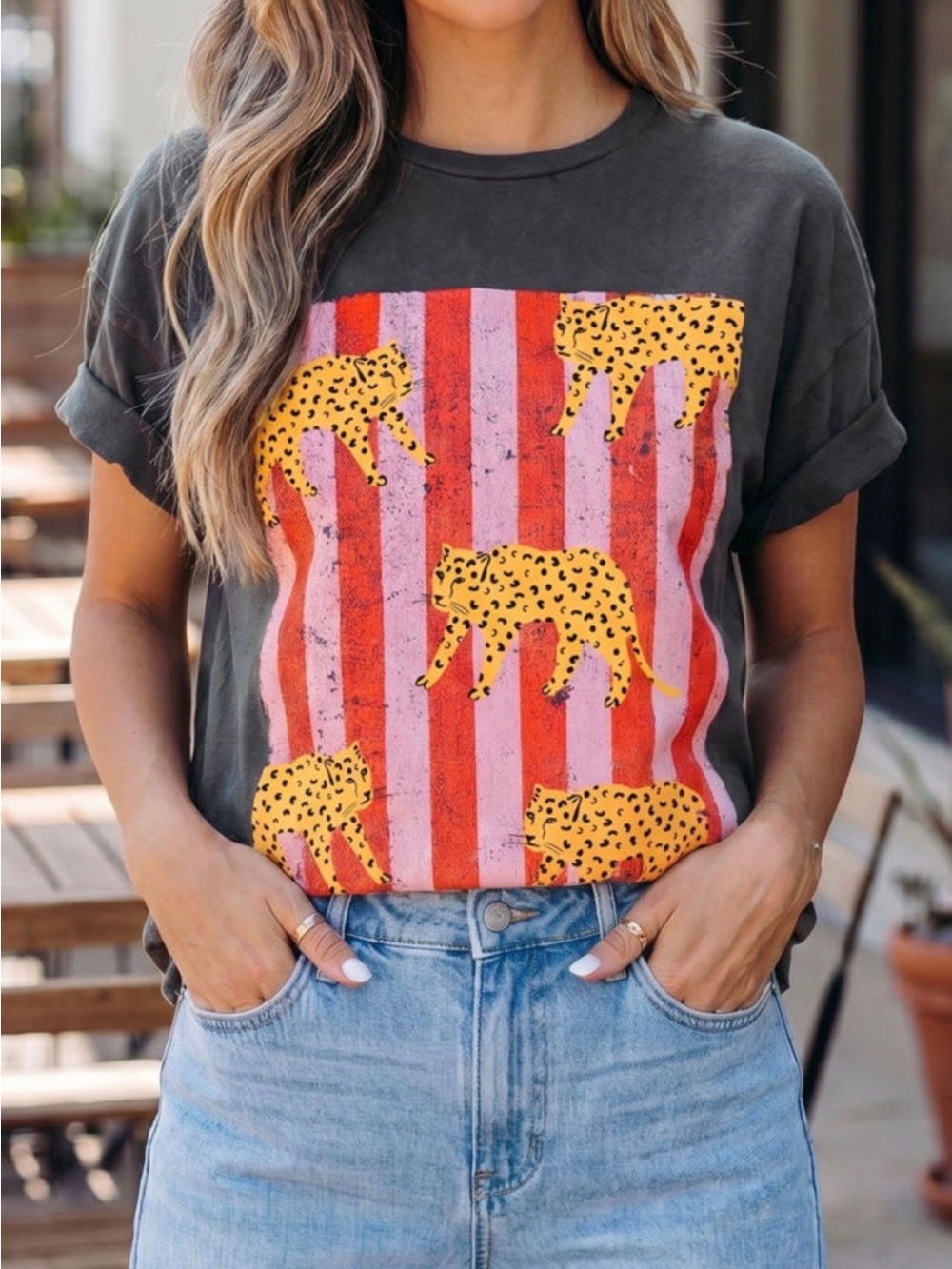 Graphic Tee with Yellow Leopard Print on Red Stripes - Charcoal